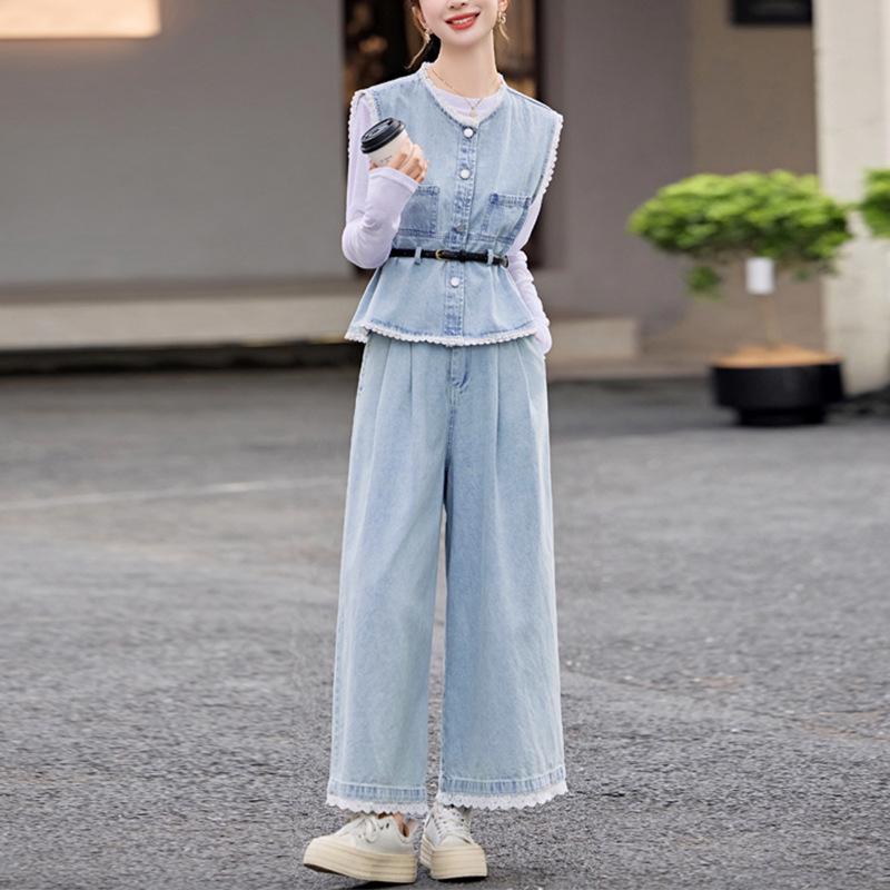 

2025 Spring Women s Korean High-End Fashion: Super Hot Denim Three-Piece Set M