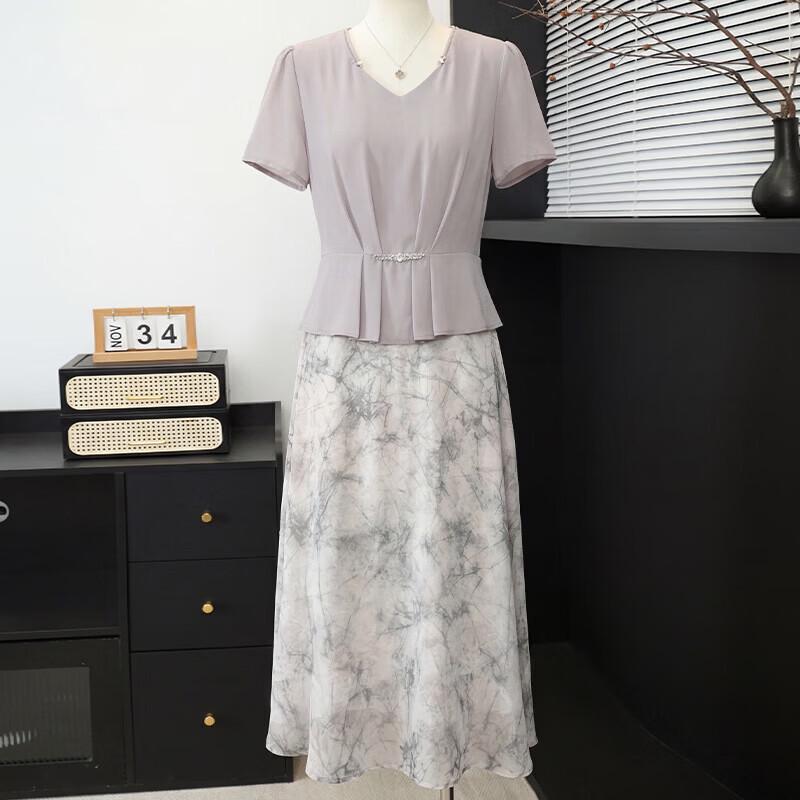 Xuexi Floral Chiffon Midi Dress for Middle-Aged Women 4XL