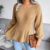 Women's Autumn/winter Lantern Sleeve Tucked Waist Hem Ruffled Knit Sweater
