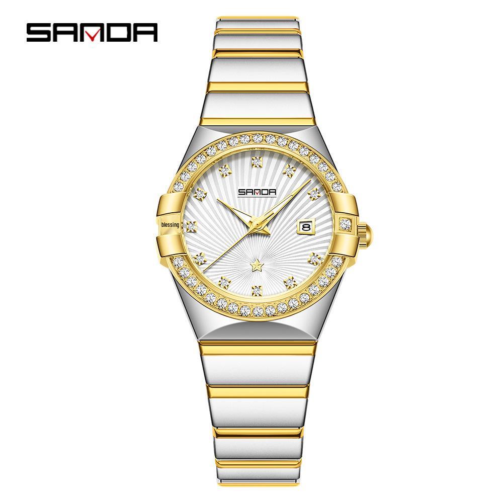 SANDA Women's Waterproof Luminous Quartz Watch with Sunray Dial and Diamond Set Markers