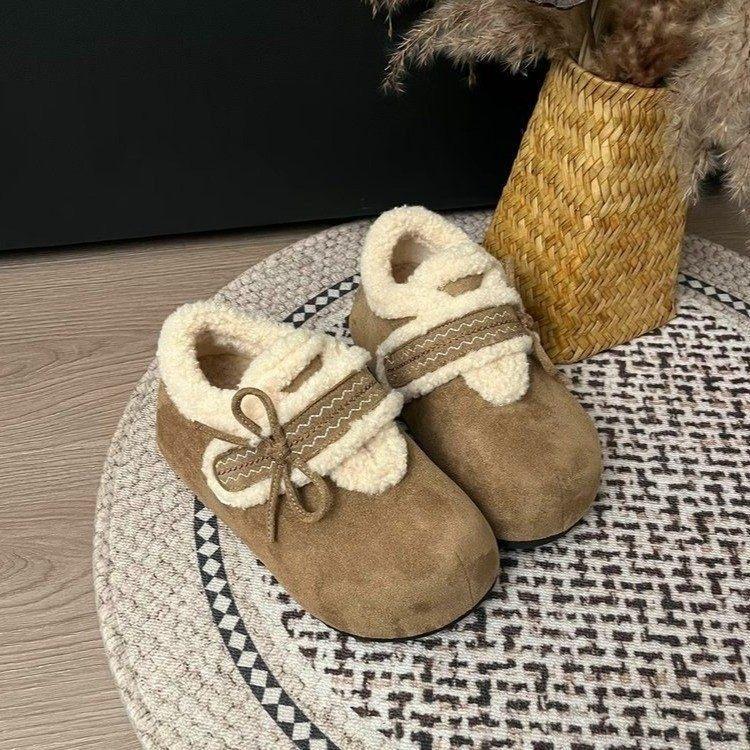 Schleife dicke Sohle Innenhöhe-erhöhend Birkenstocks Baumwollschuhe Damen Samt warmes Oberteil flauschige Mary-Jane-Schuhe