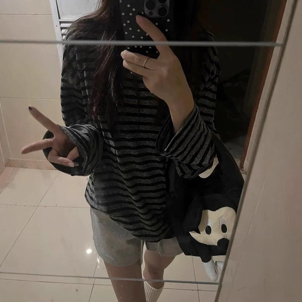 Women's Color Block Striped Long Sleeve T-Shirt - Korean Relaxed Fit, Chic Hong Kong Style