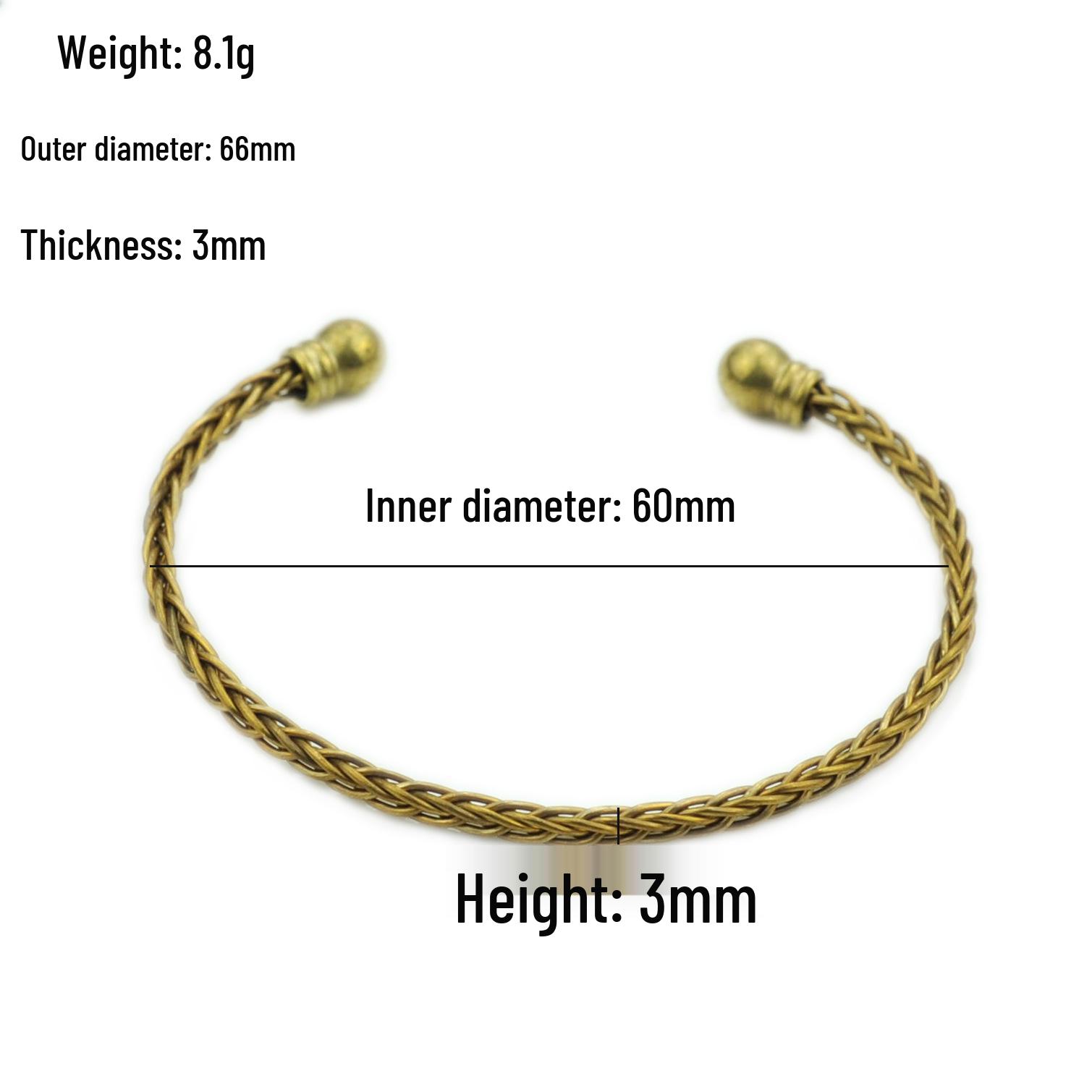 European Handmade Brass Half-Open Bangle with Twisted Rope and Round Beads Bracelet