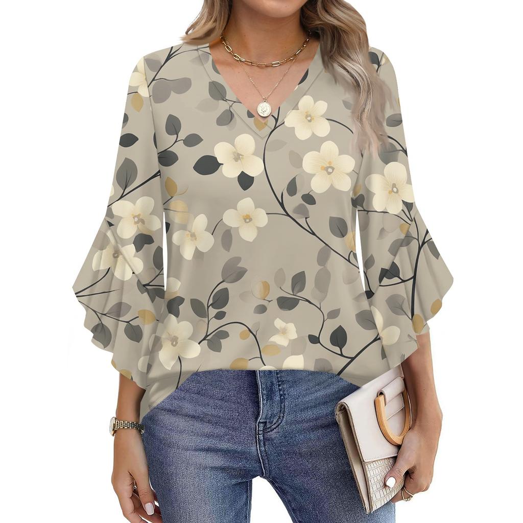 Blouses For Women Dressy Casual 3/4 Length Sleeve Womens Tops V Neck Tshirts Shirts With Flared Sleeve