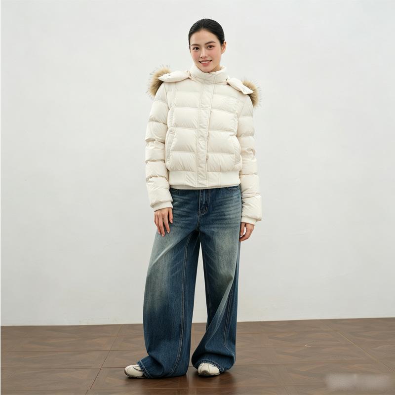 Winter retro fashion hooded fur collar short white duck down jacket new women's winter small coat women