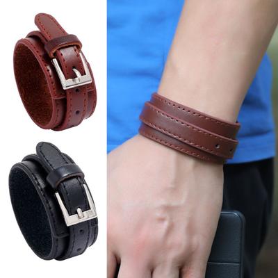 Faux Leather Men Bracelet Retro Luxury Elegant Punk Adjustable Pin Buckle Comfortable Solid Color Male Cuff Bangle Fashion Accessories Gift