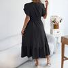 Women's Fashionable Casual Color Off Shoulder Black Fungus Edge Short Sleeved Pleated Waist Dress