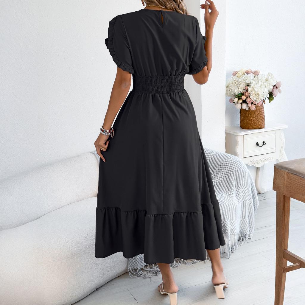 Women's Fashionable Casual Color Off Shoulder Black Fungus Edge Short Sleeved Pleated Waist Dress