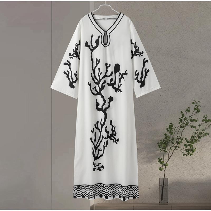 Loose Printed V Neck Women Dress Long Flare Sleeve Side Split Casual Holidays Dresses Spring Summer Elegant Beach Lady Robe