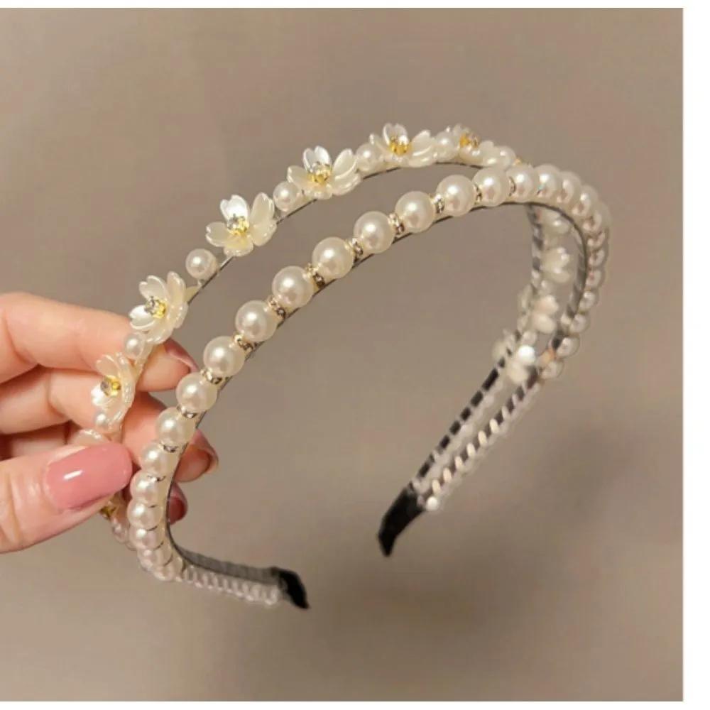Daily Pearl Hairband, Flower Double-Strand Design, Accessory Headband, Accent