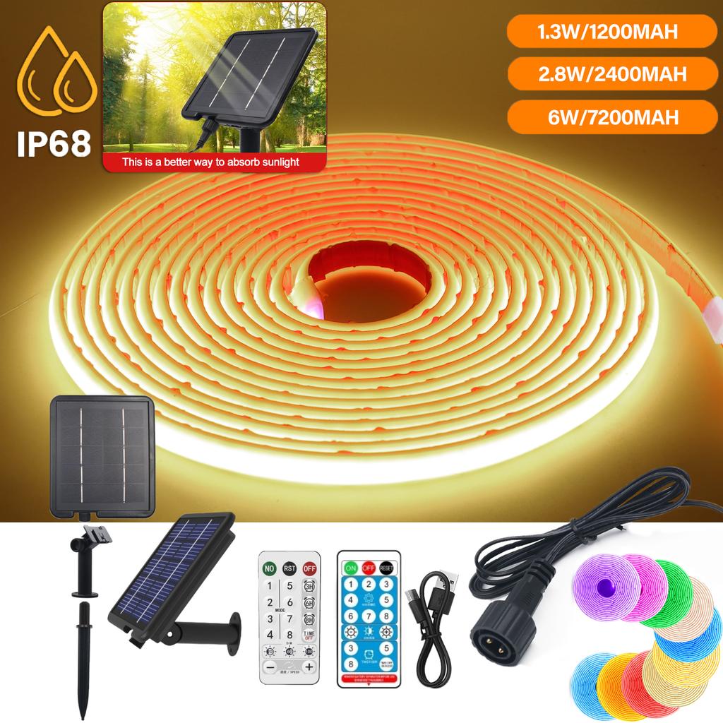 IP68 Solar Powered COB LED Neon Strip Light 24V 320LEDs/m High Density Flexible Ribbon Remote Control 1-10m Outdoor Garden Lamp