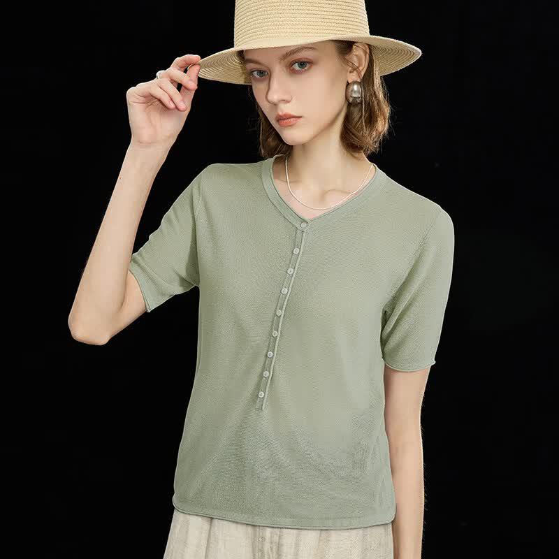 Wudao Women's Tencel Linen Blend Half-Placket Knit T-Shirt
