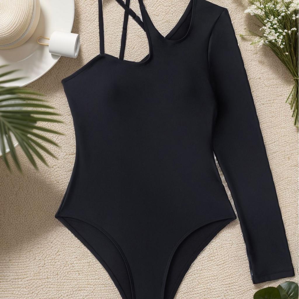 Unregelmäßiger Einteiler Bikini Badeanzug für Damen, Sexy, Figurbetont, mit einem langen Ärmel, Mode, Elegant, Strandurlaub Kleidung