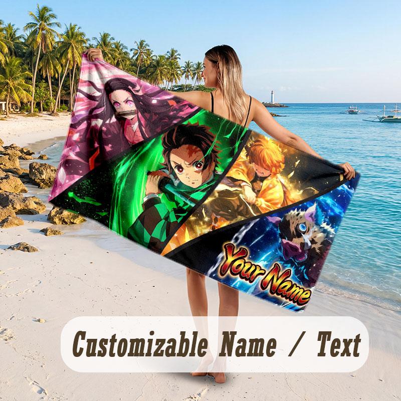 Custom Name Large Beach Towel,Demon Slayer Quick Absorbent Towel For Outdoor Travel Poolside