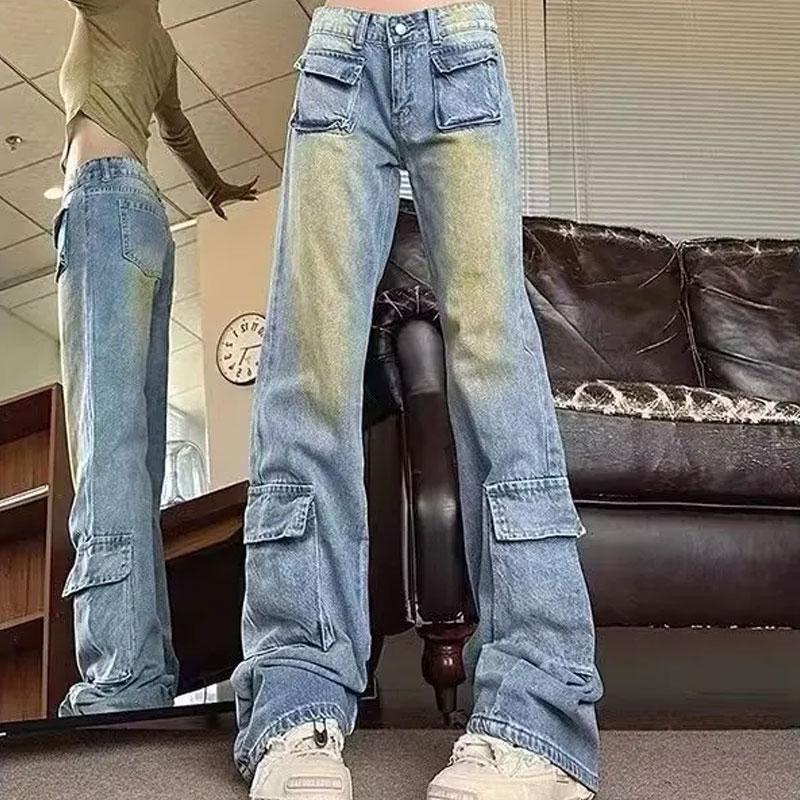 Jeans Américains Dégradés High Street Nouveaux Vêtements Féminins Pantalons en Denim Vintage Coupe Droite Mode avec Poches Pantalons Amples Assemblés