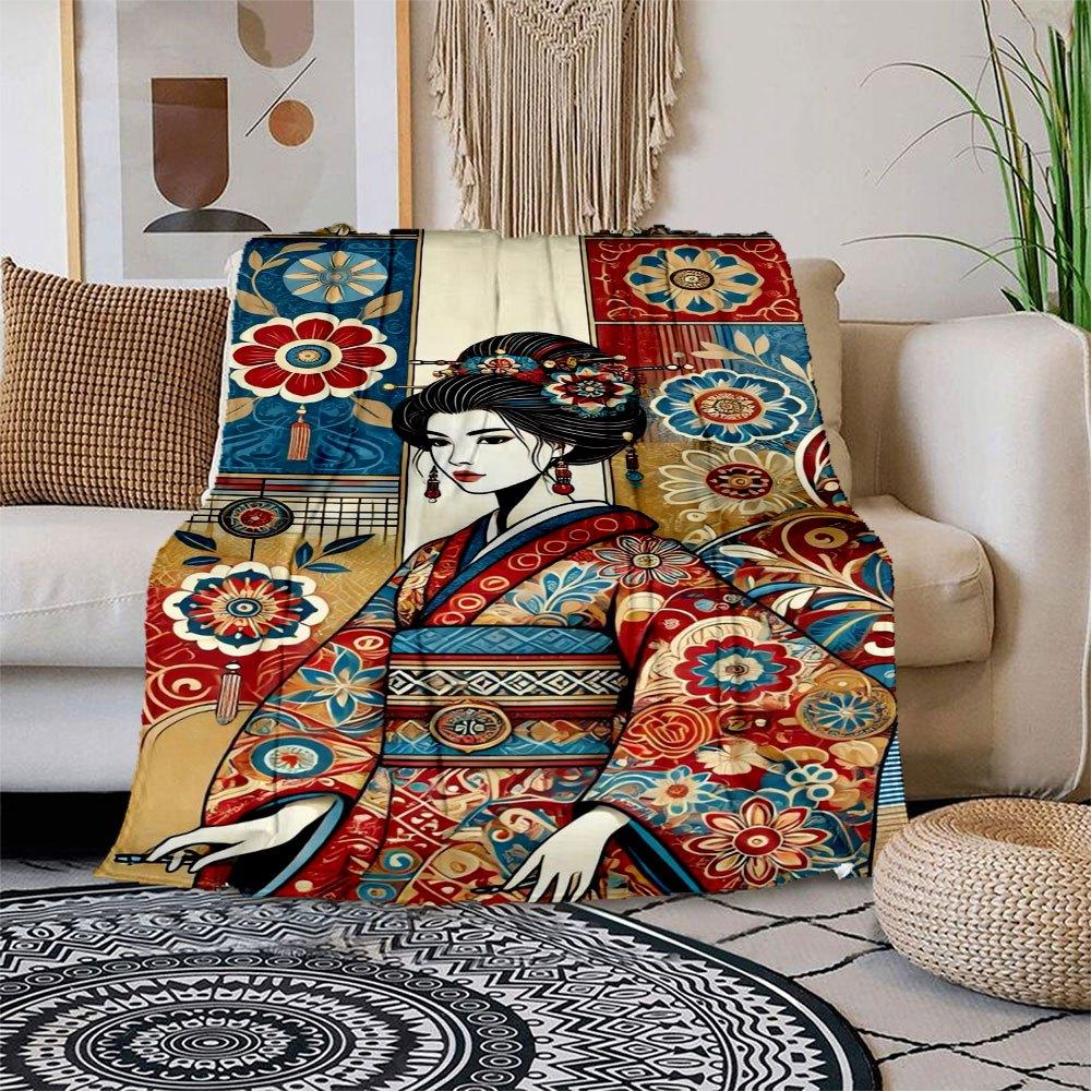

Japanese Floral Kimono Art Print - Vibrant Traditional Design Blanket Flannel Throw Blanket for Sofa, Bed, Travel, Camping, Office, Couch, 150x180cm
