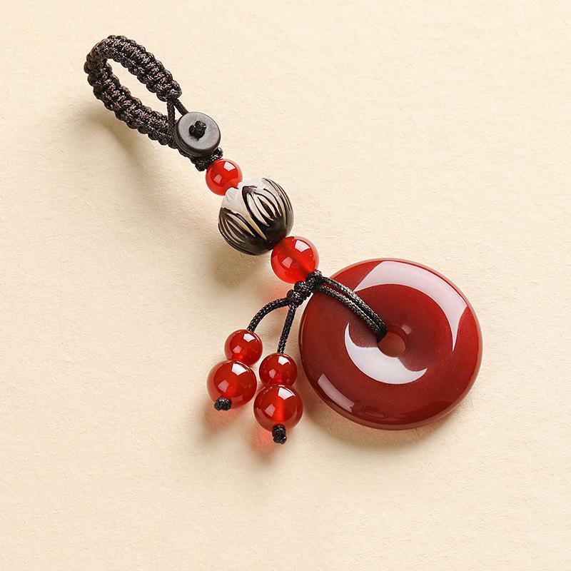 Unisex Natur Obsidian Ping An Kou Anhänger Halskette mit Jade Ring rot