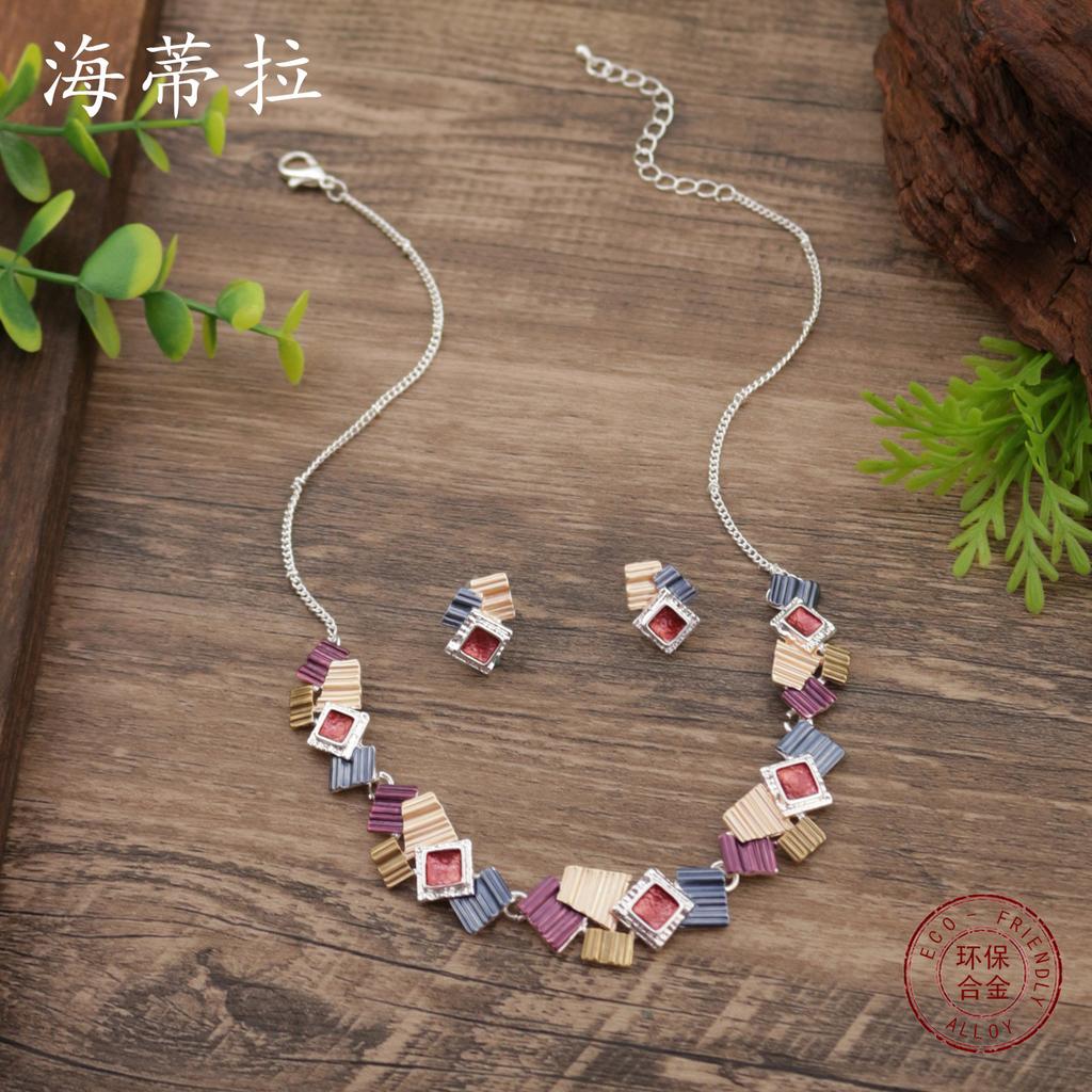 New Color Painting Oil Geometric Square Stud Earrings Necklace Set, Personalized Women's Square Neck Chain