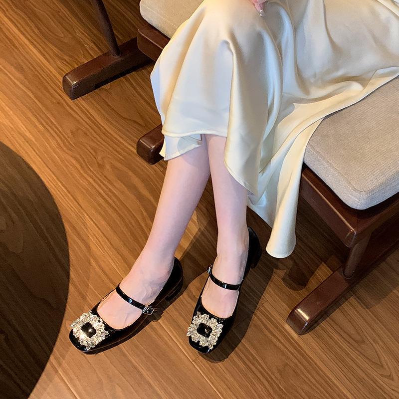2386-58 Autumn New French Rhinestone Word with Square Head Shallow Mouth Mary Jane Widened Large Size Shoes Women