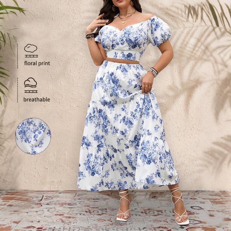 Spring and Summer Women's Casual Printed Large V-neck Top and Long Printed Skirt Set