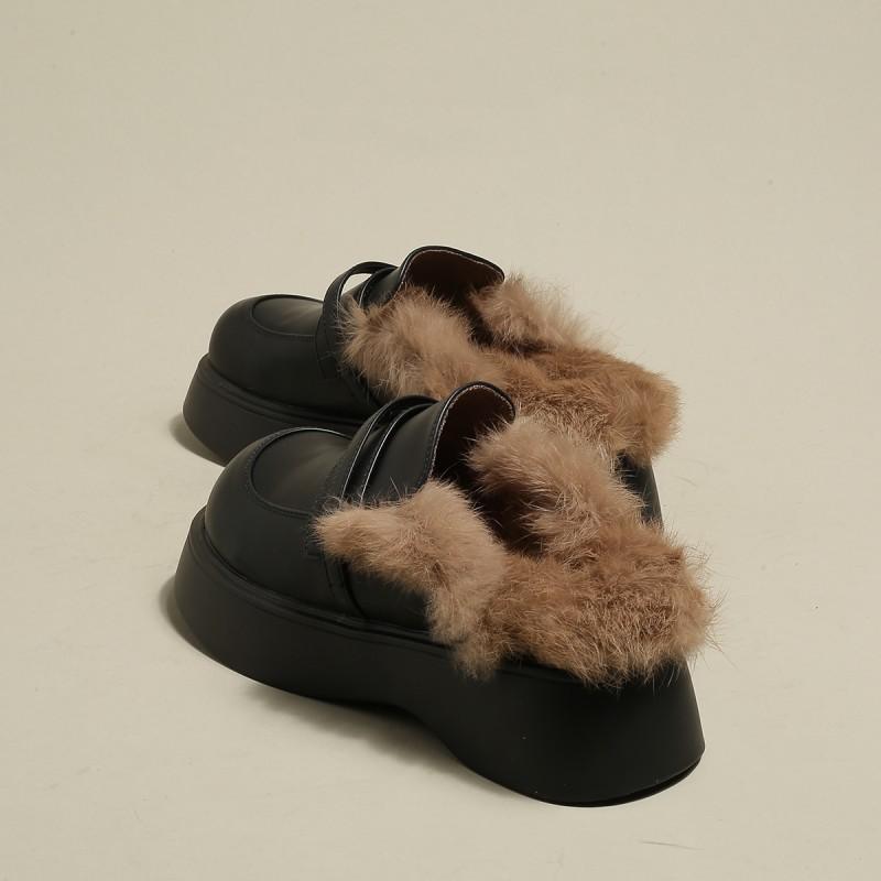 Fury Hausschuhe Winter Schwarz Plateau Pantoletten Halbschuhe Plüsch Herbst und Winter Baotou Oberbekleidung Flip Flops Warm Lässige Slipper