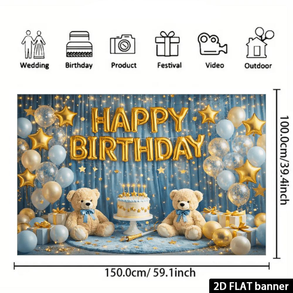 2D Flat Banner Birthday Party Background Cloth Light Blue Curtain Cake Teddy Bear Theme with Golden HAPPY BIRTHDAY