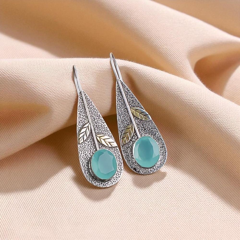 

Аква Халцедон Драгоценный Камень 925 Стерлинговое Серебро Ювелирные Изделия Ручной Работы Серьги 2.00 EE-72-15