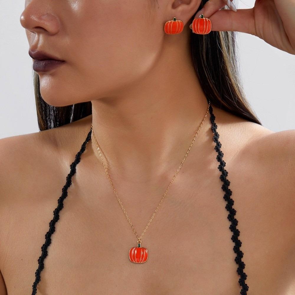 Metal Pumpkin Pendant Ring Enamel Ghost Pendant Jewelry Cute Halloween Jewelry Set Women