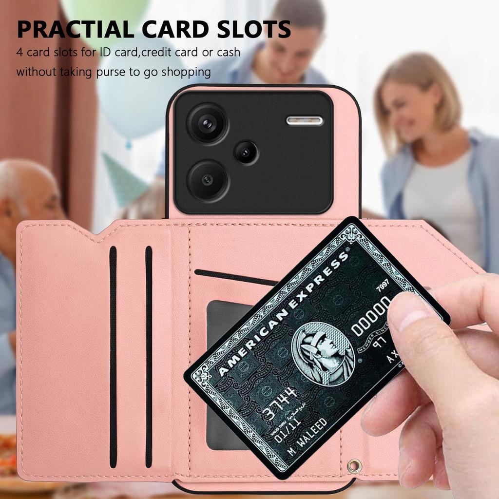 For Xiaomi Redmi Note 13 Pro+ 5G Case Card Holder Kickstand Skin-Touch Phone Cover with Wrist Strap