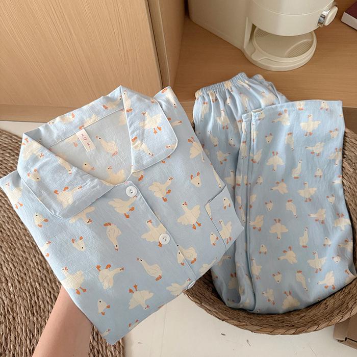 Women's Spring & Fall Cloud Cotton Pajama Set - Lightweight, Sweet Doll Collar, Long Sleeve & Pants with Prints.
