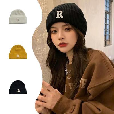 New Letter R Embroidery Beanie Hats for Women Girl Autumn Winter Elastic Knitted Skullies Casual Outdoor Ear Warmer Pullover Hat