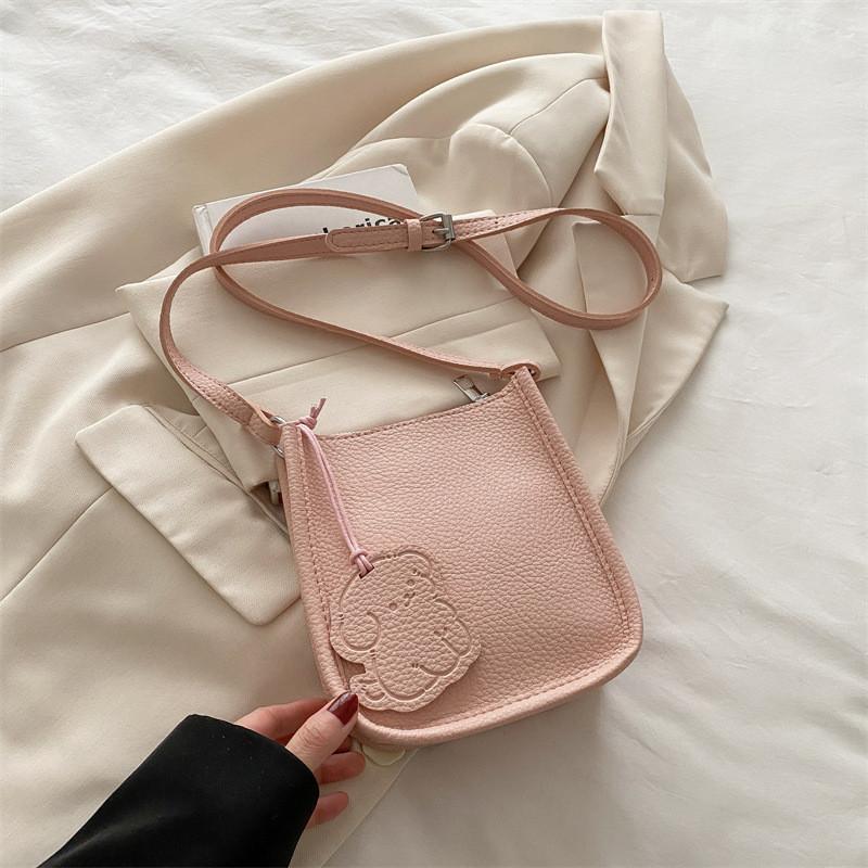Color Simple Solid Lychee Pattern Embossed Women Square Bag With Pendant Cartoon