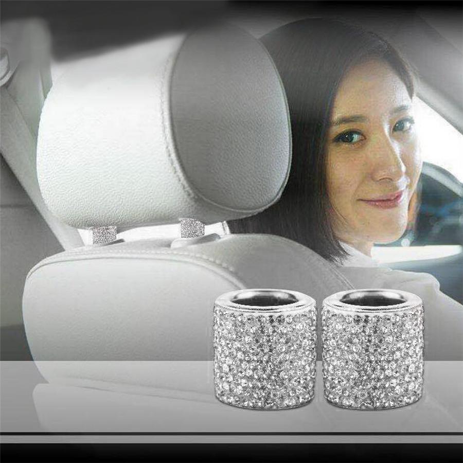 4 X Silver Diamond Bling Crystal Car Headrest Collar Interior Decor Cylindrical