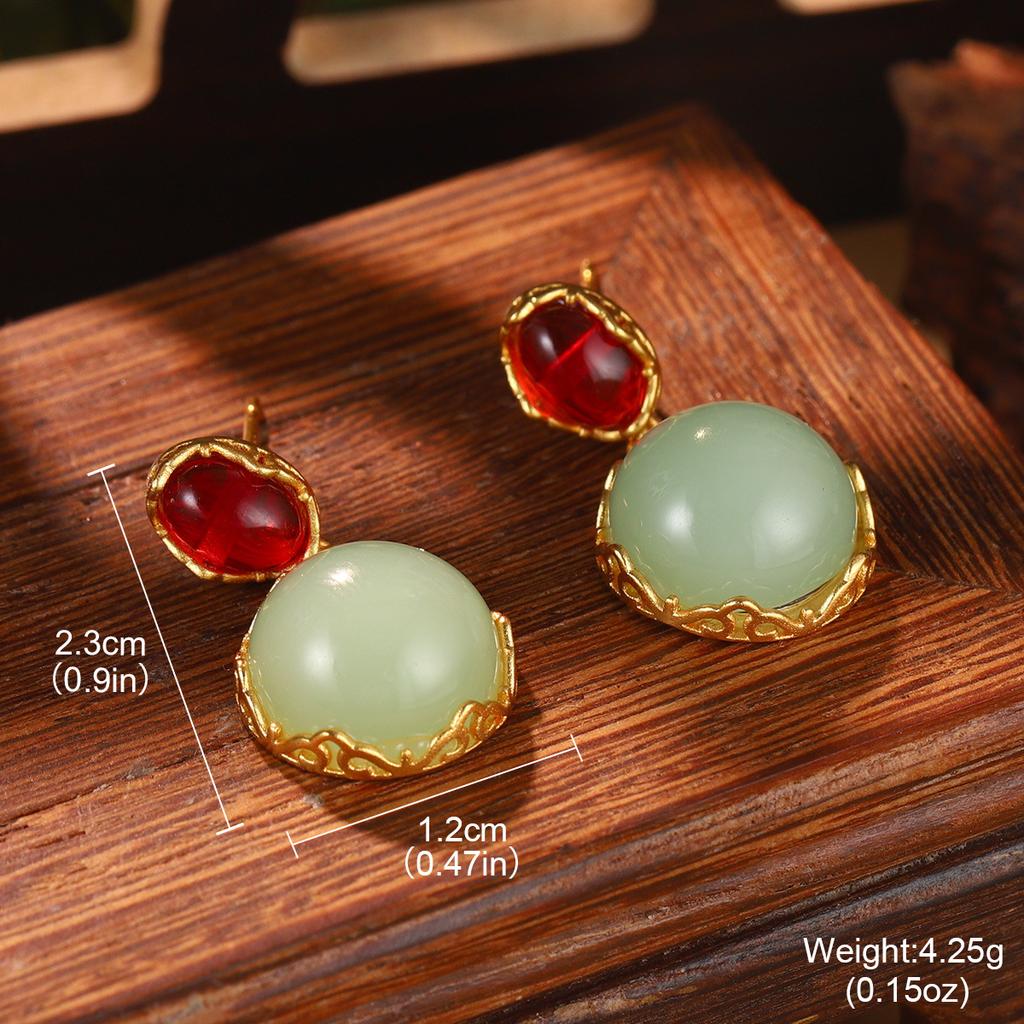 Antique new Chinese style flower fringed pearl earrings Hanfu accessories earrings imitation Hetian jade green agate temperament ear hook