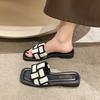 Black and White Plaid Slippers Women's Outer Wear 2024 Summer New Korean Version One-word Drag Flat Beach Shoes Sandals Women's Shoes
