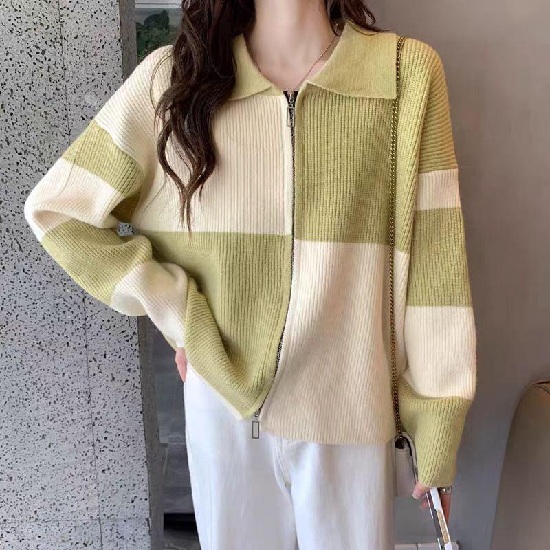 Autumn and Winter New Retro Color Matching Plaid Knitted Cardigan Top Women's Versatile Double Zipper Design Sense Polo Neck Sweater