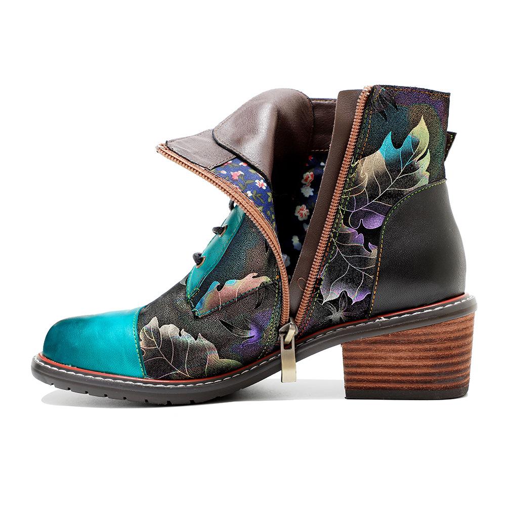 Johnature Handmade Printing Contrast Short Boots Retro Casual Comfort Genuine Leather Women Shoes