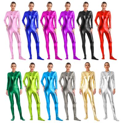 Womens Metallic Full-Body Unitard Front Zipper Design Stage Performance Attire