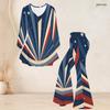 Women Plus Size Beige Printed Two Piece Set V Neck Long Sleeve Flared Top And Flared Pants