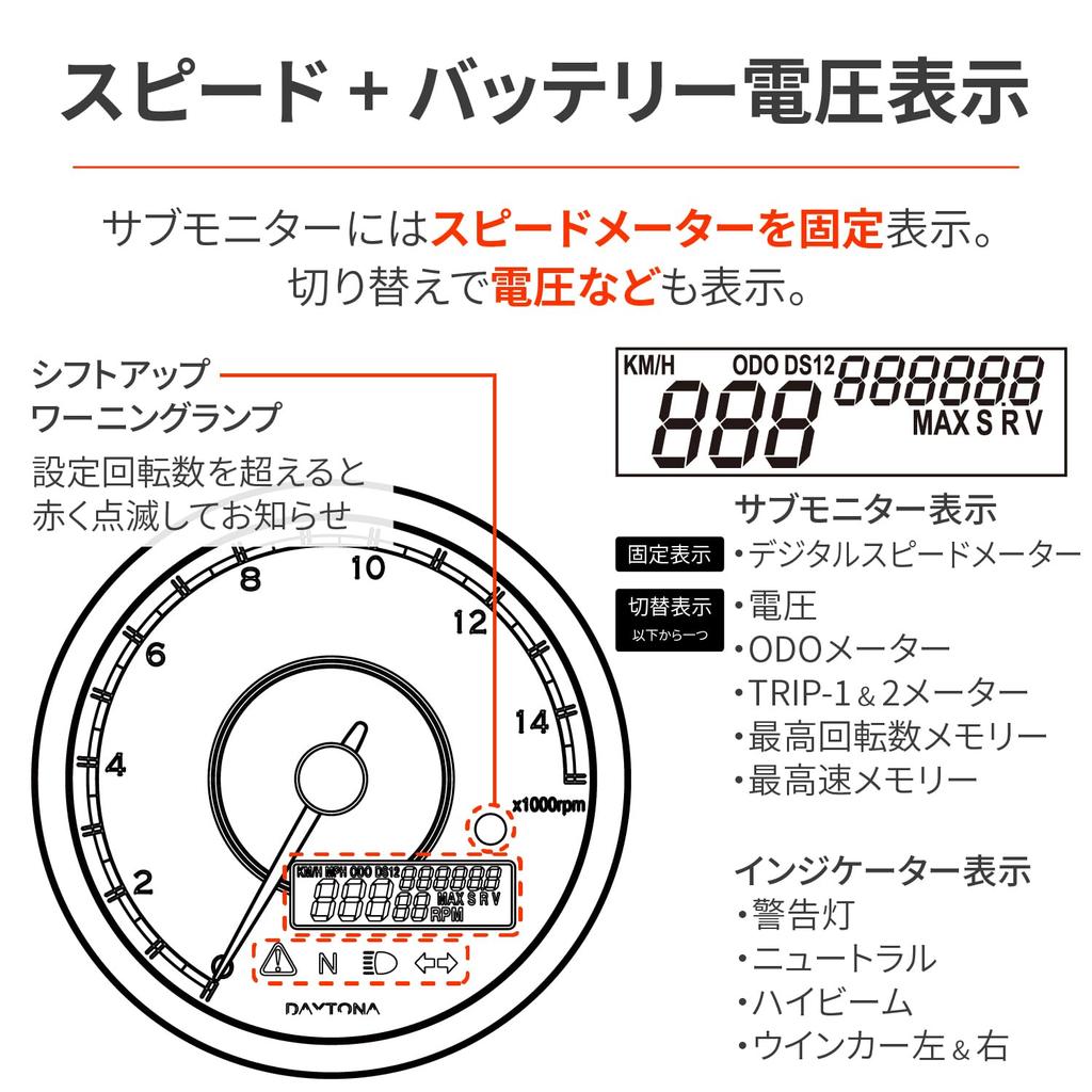 Daytona VELONA Motorcycle Electric Tachometer with LCD and Black 9000 RPM 48140 Speedometer, Indicator, Voltmeter, Body/White LED, 80mm, Display,