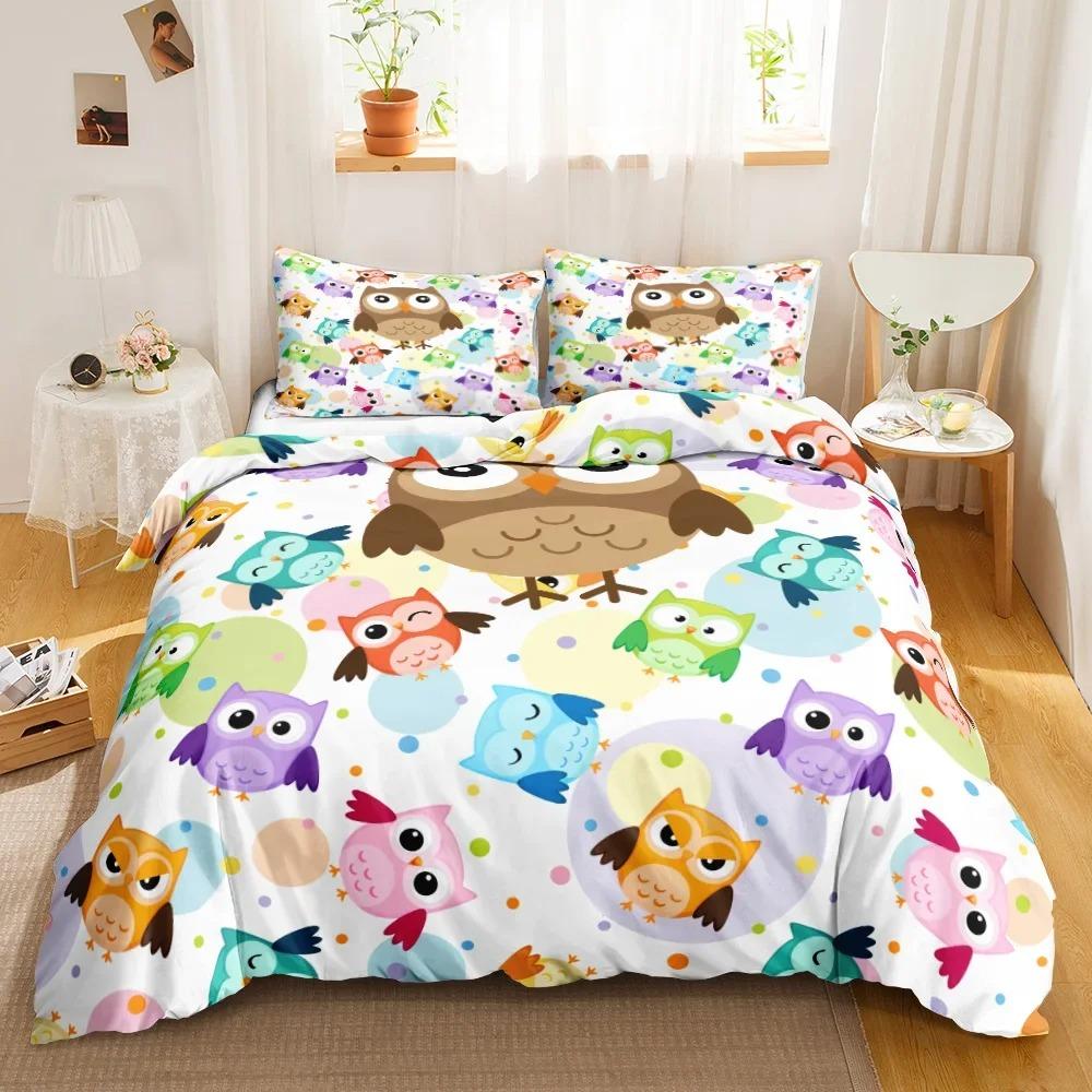 Cartoon Uil Beddengoed Set 3D Dierenprint Dekbedovertrek Vogel Dier Dekbedovertrek Kingsize Nachtzwaluw Zachte Polyester Quilt Overtrek