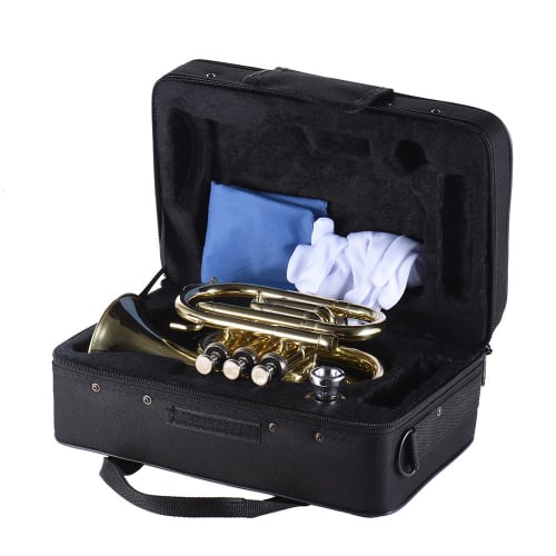 Juspins Mini Pocket Trumpet Bb Flat Brass Instrument with Mouthpiece Gloves, Cleaning Cloth, and Carrying Case