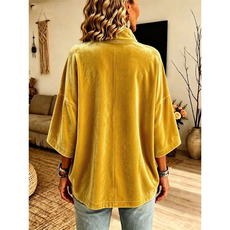 Women Velvet Top V Neck Long Sleeve Loose Fit Soft Fabric