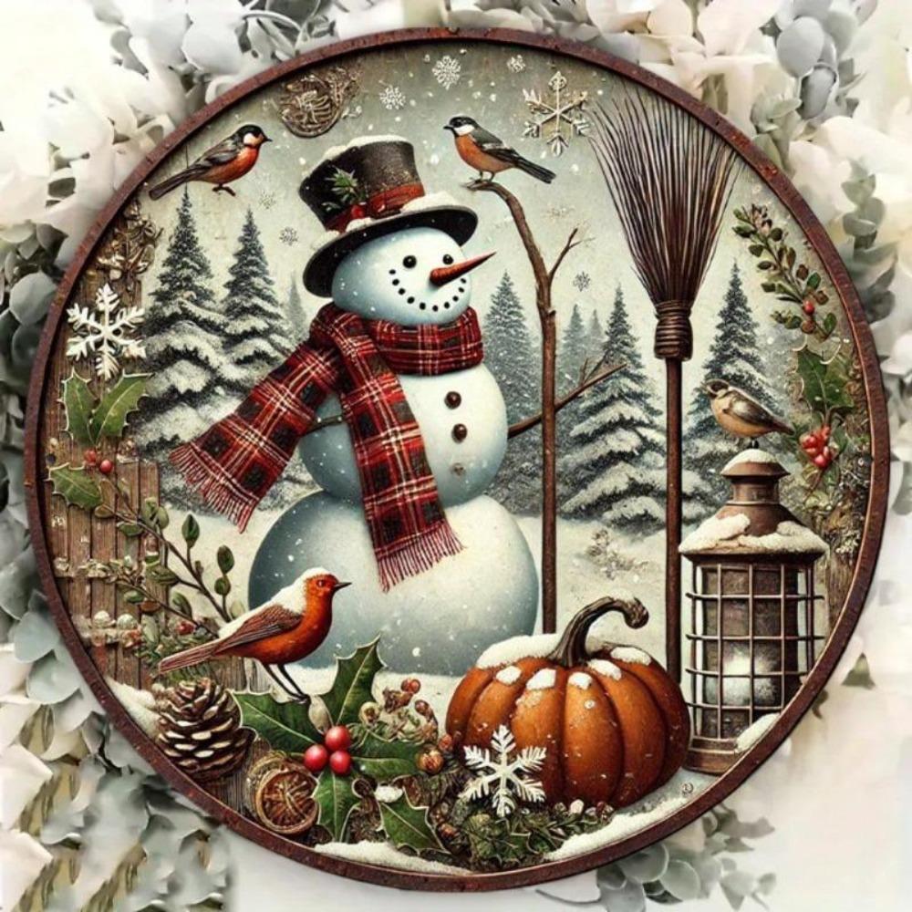 Vintage Tin Wall Sign Snowman Christmas Round Metal Decor 7.8 Inch Home Ornament