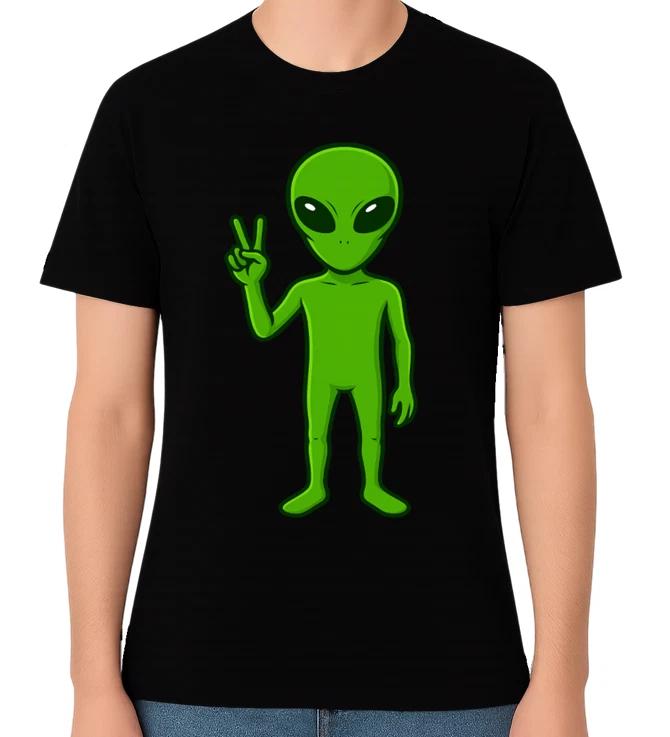 Alien Peace Sign T-Shirt UFO Sci-Fi Graphic Unisex Funny Gift Tee M