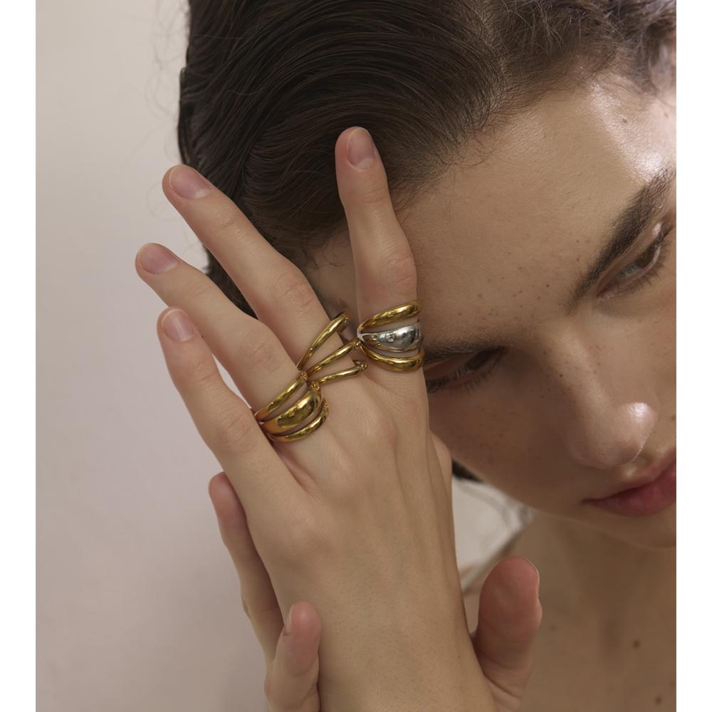 Yhpup Nyheter Glänsande Rostfritt Stål Lager på Lager Ihålig Öppen Ring för Kvinnor Distinkt Geometriskt Attraktivt Smycke