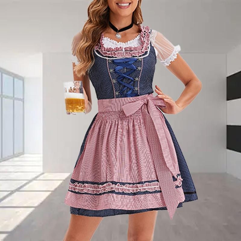 German Bavarian Oktoberfest Costume Set,Halloween Beer Costume Dirndl Dresses Blouse Apron Bows Ribbon for Adult Women