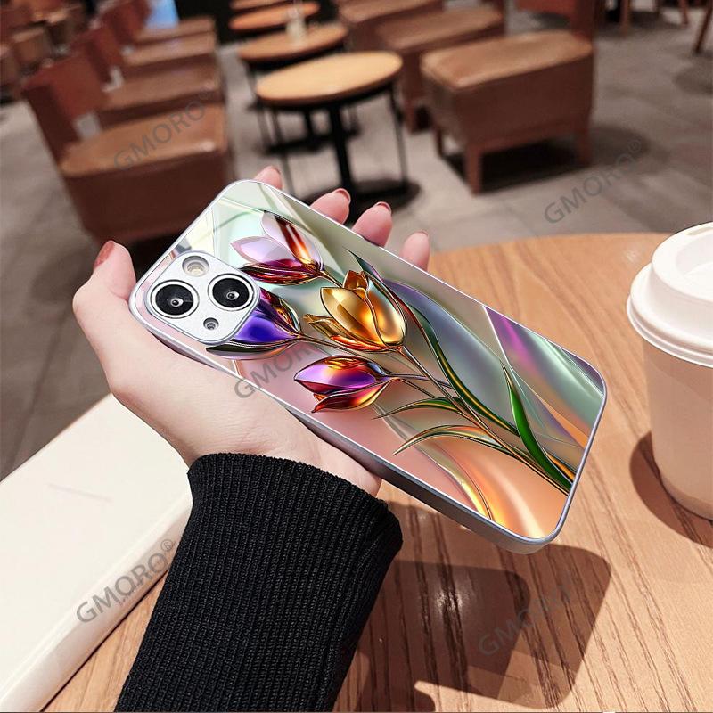 Metal texture tulip mobile phone case iPhone15promax high value glass mobile phone case Apple 17
