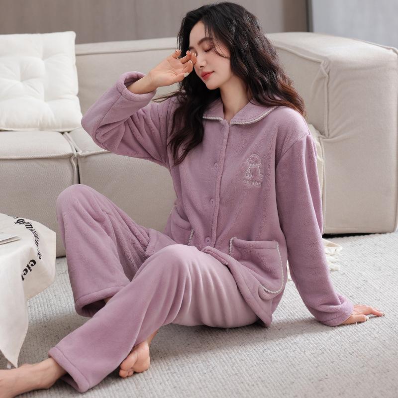 Coral Fleece Pajamas Women'S Autumn And Winter Flannel Warm Can Be Worn Outside Thickened Fleece Loungewear Suit Women