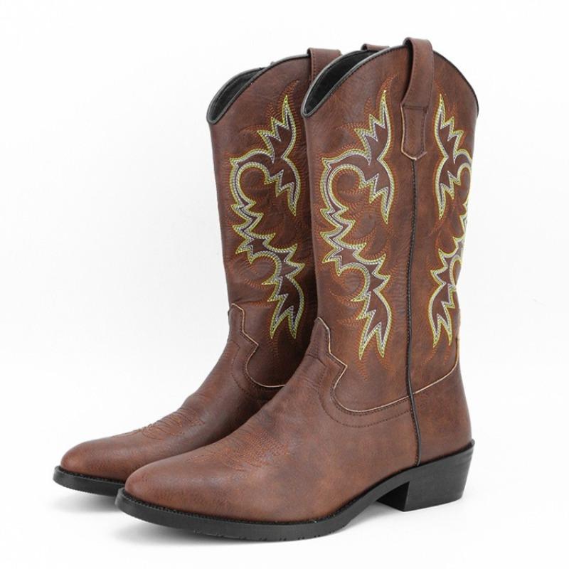 Fashion Handmade Men Cowboy Boots New Slip on Men Riding Boots Embroidery Western Boots Pointed-toe Mid-calf Male Boot Botas Para Hombre